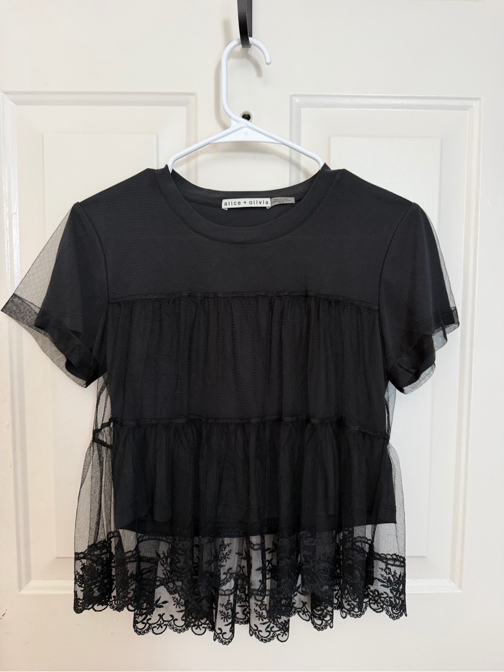 Alice + Olivia Black Mesh Tiered Lace Hem Top